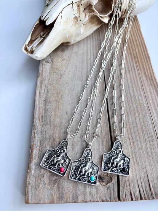 Western Cowboy Scenery EARTAG Pendant Stone Chain Necklace