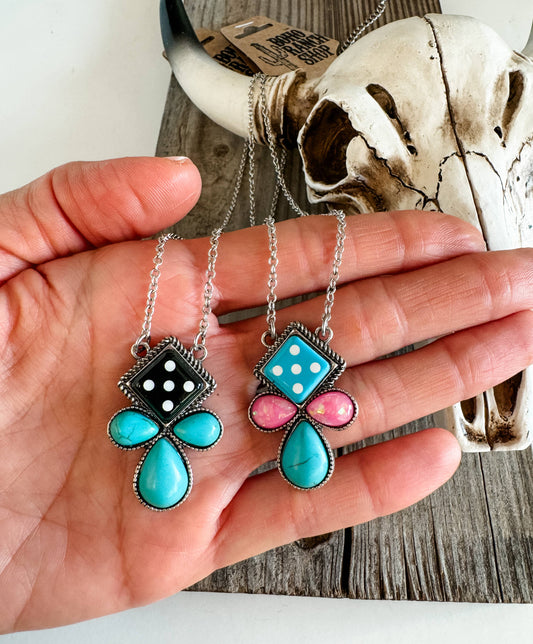 Western Semi Stone Dice Pendant Necklace 