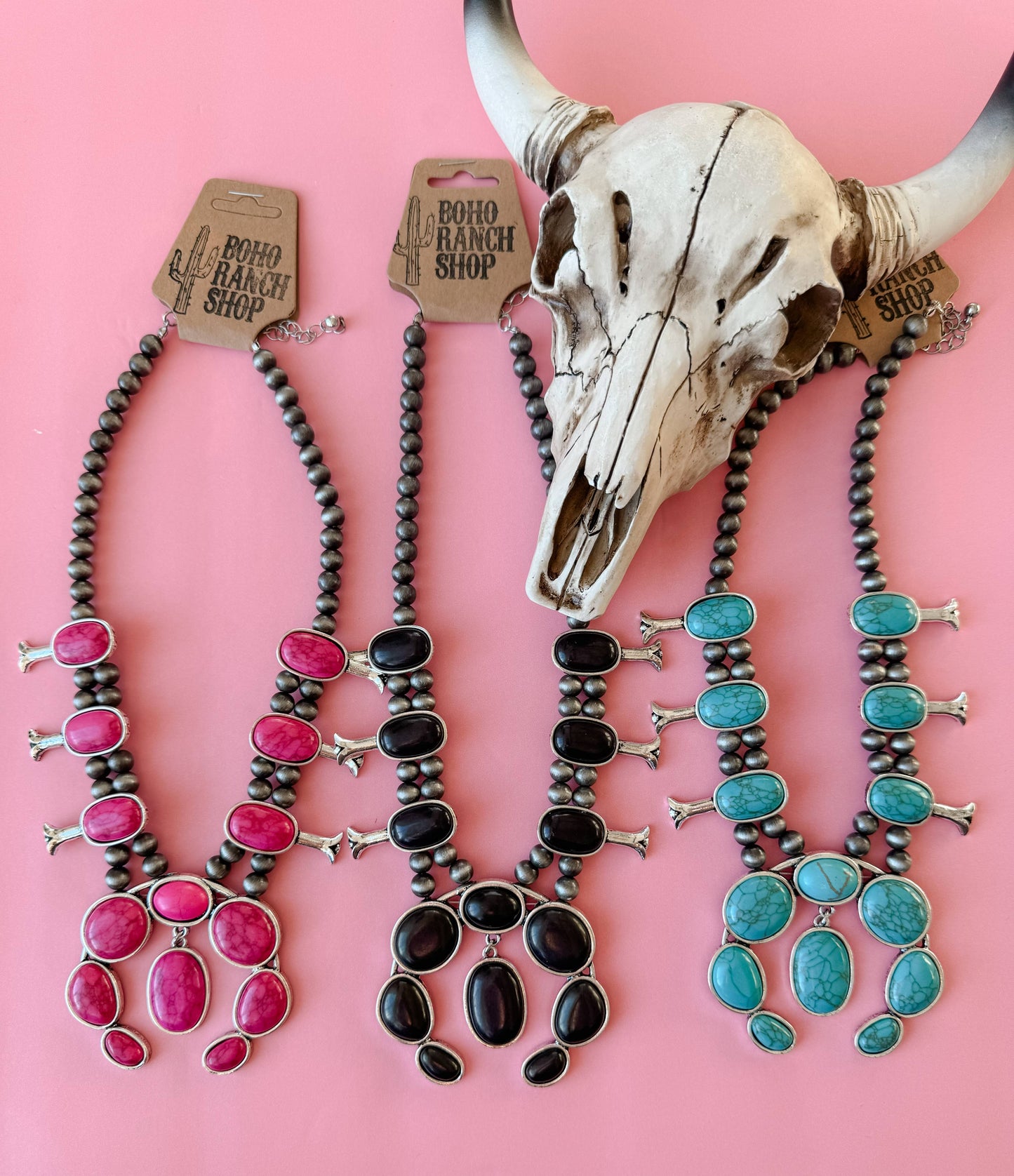 Western Squash Blossom Pendant Necklace: PINK
