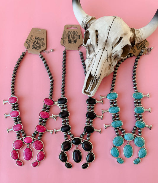 Western Squash Blossom Pendant Necklace: PINK
