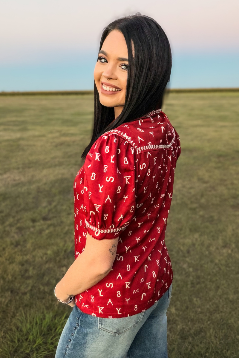 Branded In Red Button Up Top
