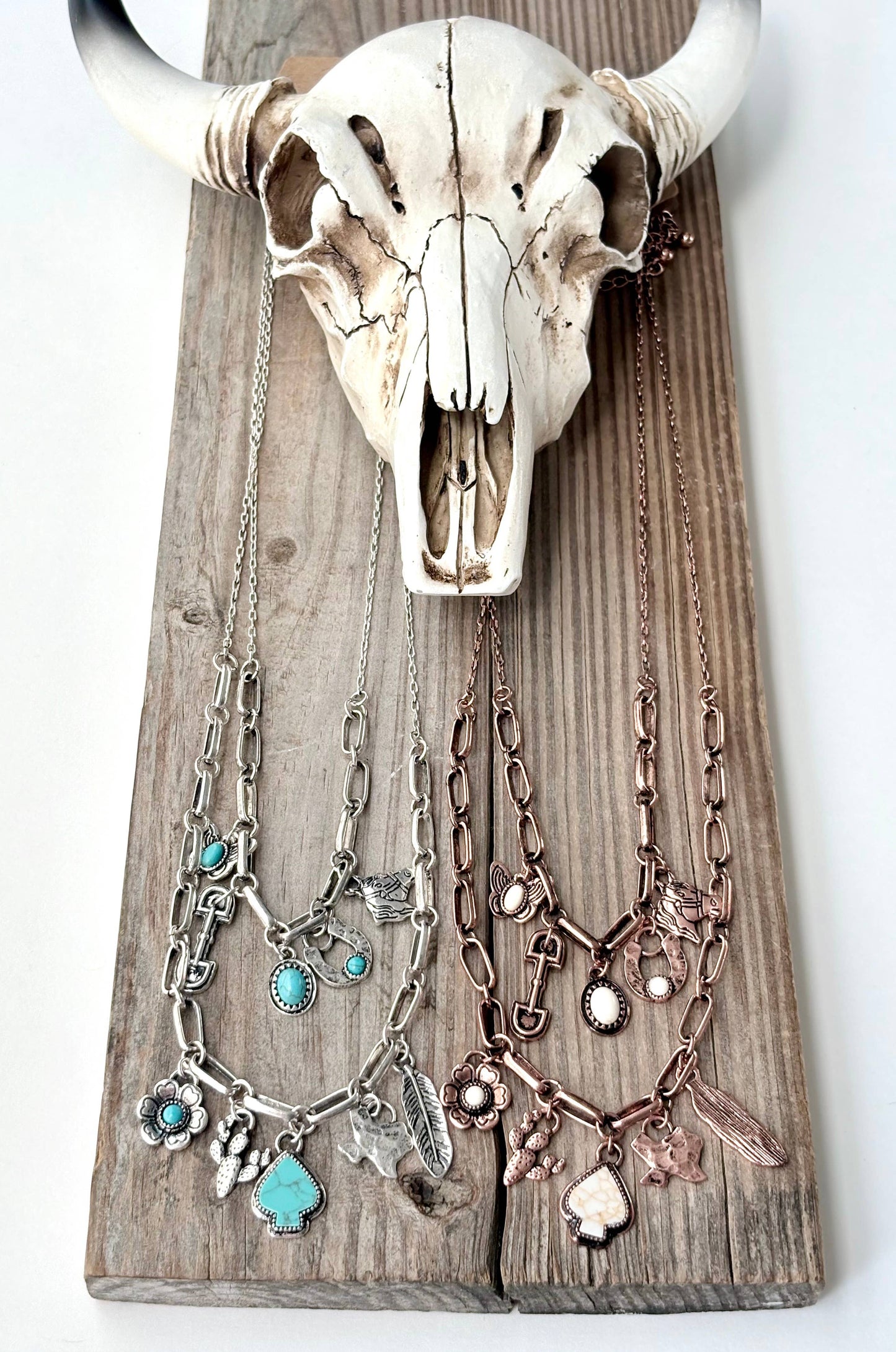 Western Style Turquoise Stone Multi Charm Necklace Set: Silver