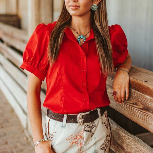Red Button Down Puff Short Sleeve Collared Shirt