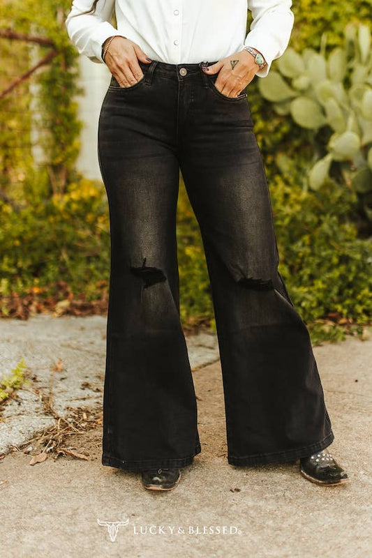 Black Wash High Rise Knee Rip Wide Leg Jeans (31in Inseam): 8
