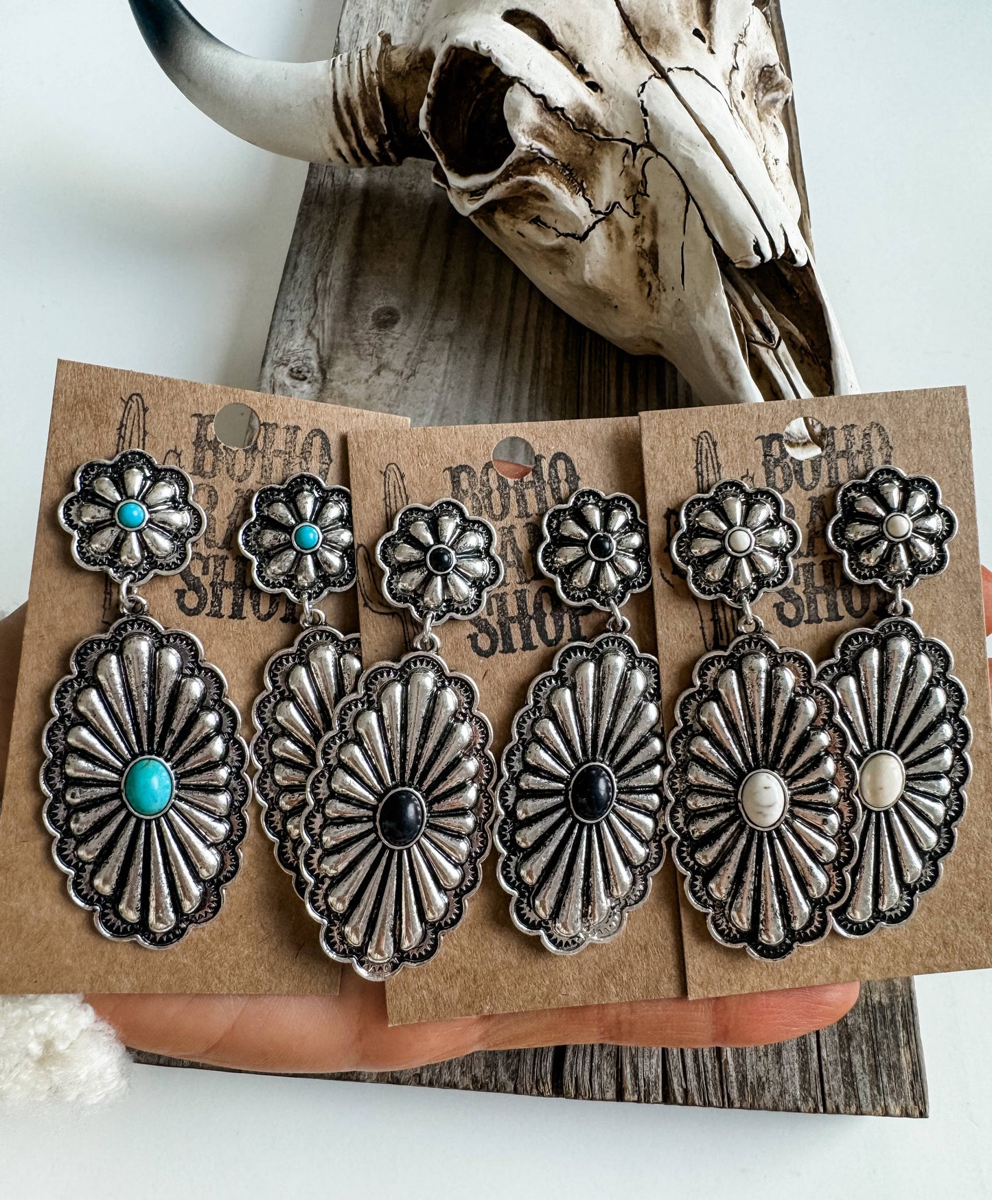 Western Textured Double Concho Earrings: TURQUOISE
