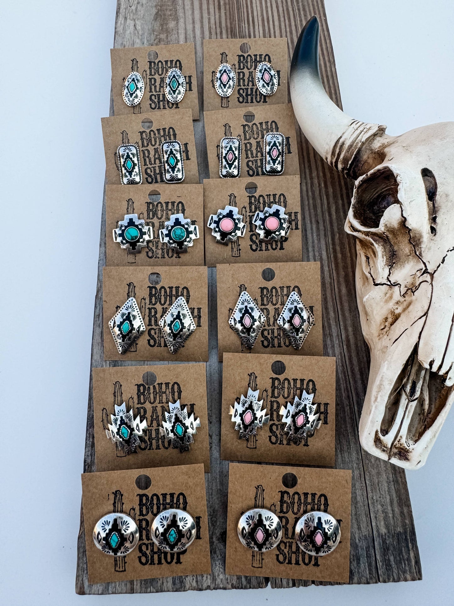 Western Hand Stone Aztec Post Earrings - turquoise pink: STLYE 6 - ROUND PINK