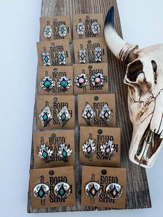 Western Hand Stone Aztec Post Earrings - turquoise pink: STLYE 6 - ROUND PINK