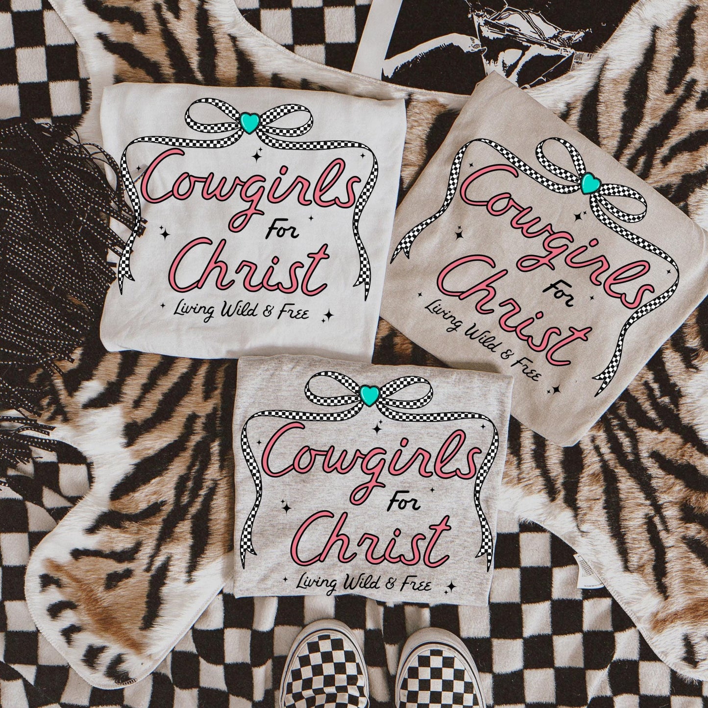 Cowgirls for Christ tee shirt , Jesus lover , western , cowgirl , checkered print , bow