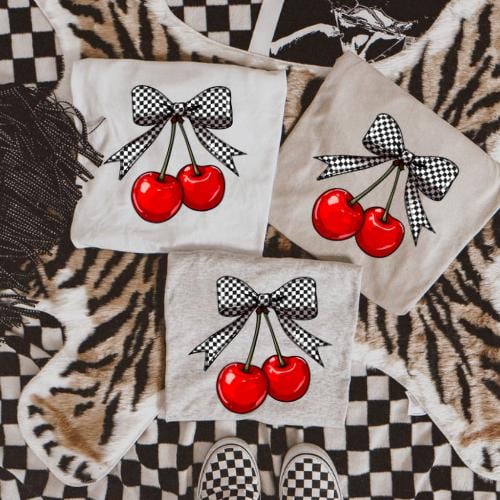 Trendy Checkered Cherry T-Shirt – Western Graphic Tee for Women