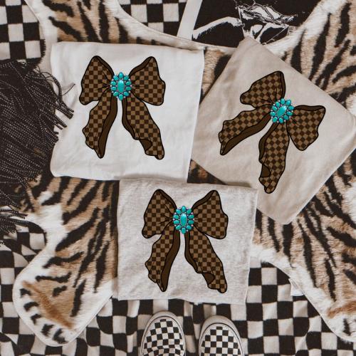 Trendy Checkered Bow and turquoise stone T-Shirt – Western Graphic Tee for Women