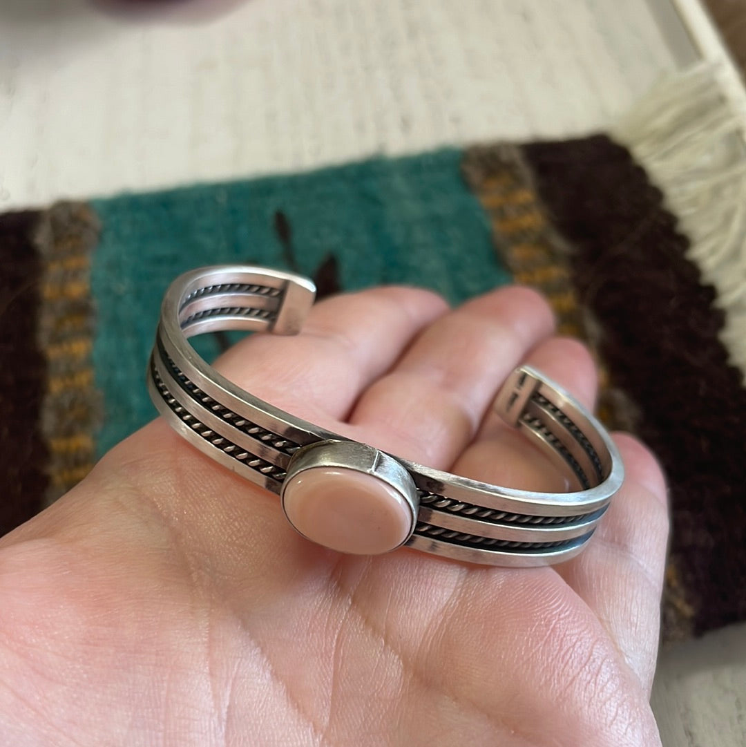 Navajo Pink Conch & Sterling Silver Adjustable Oval Cuff Bracelet Signed Tahe